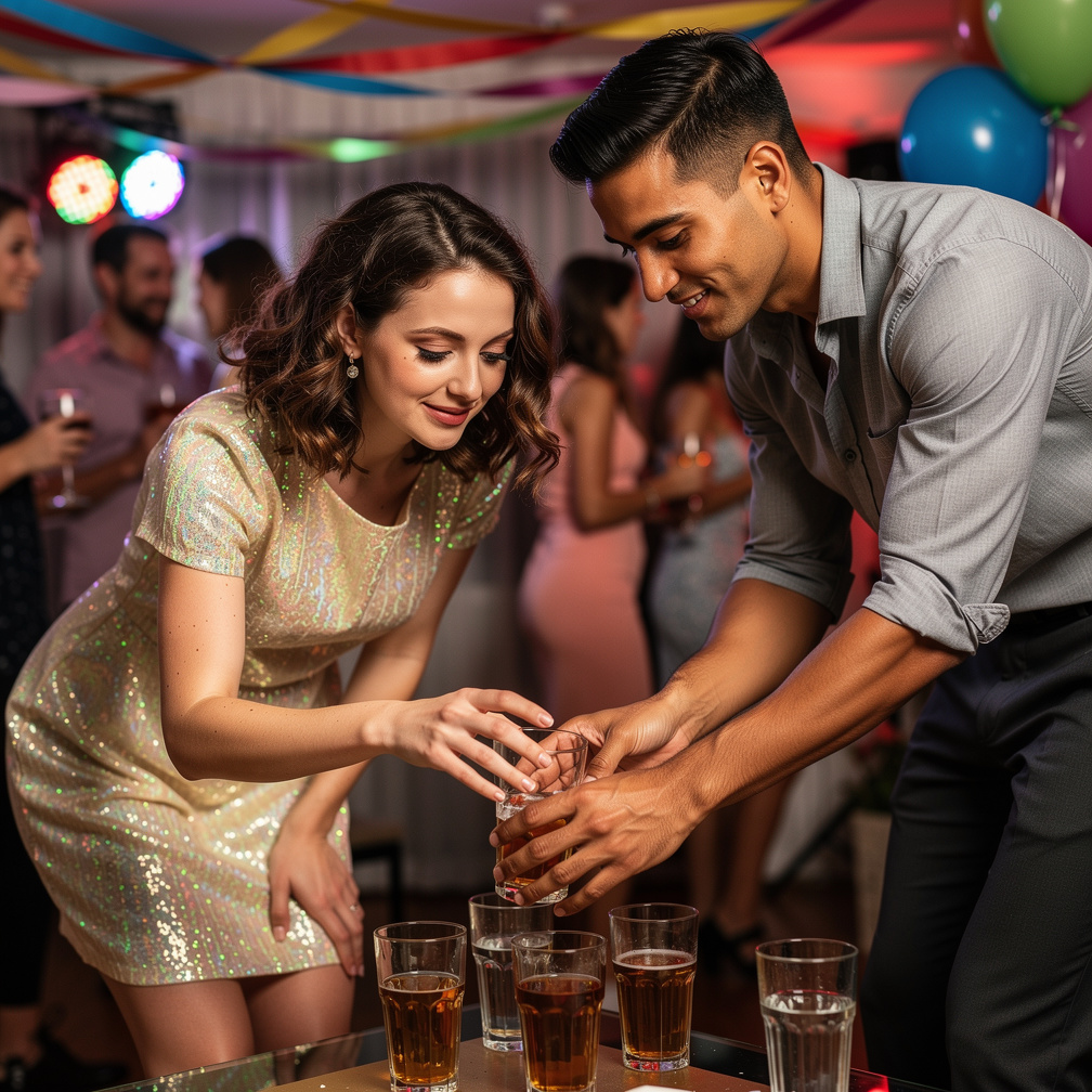 Alex and Jamie exchanged apologetic smiles as they both bent to pick up spilled drinks, their hands touching briefly.