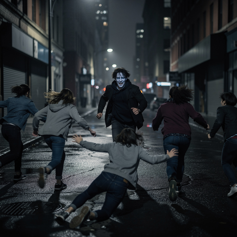 Panic set in as they ran, their footsteps echoing through the deserted streets, the stalker's menacing grin still etched in t