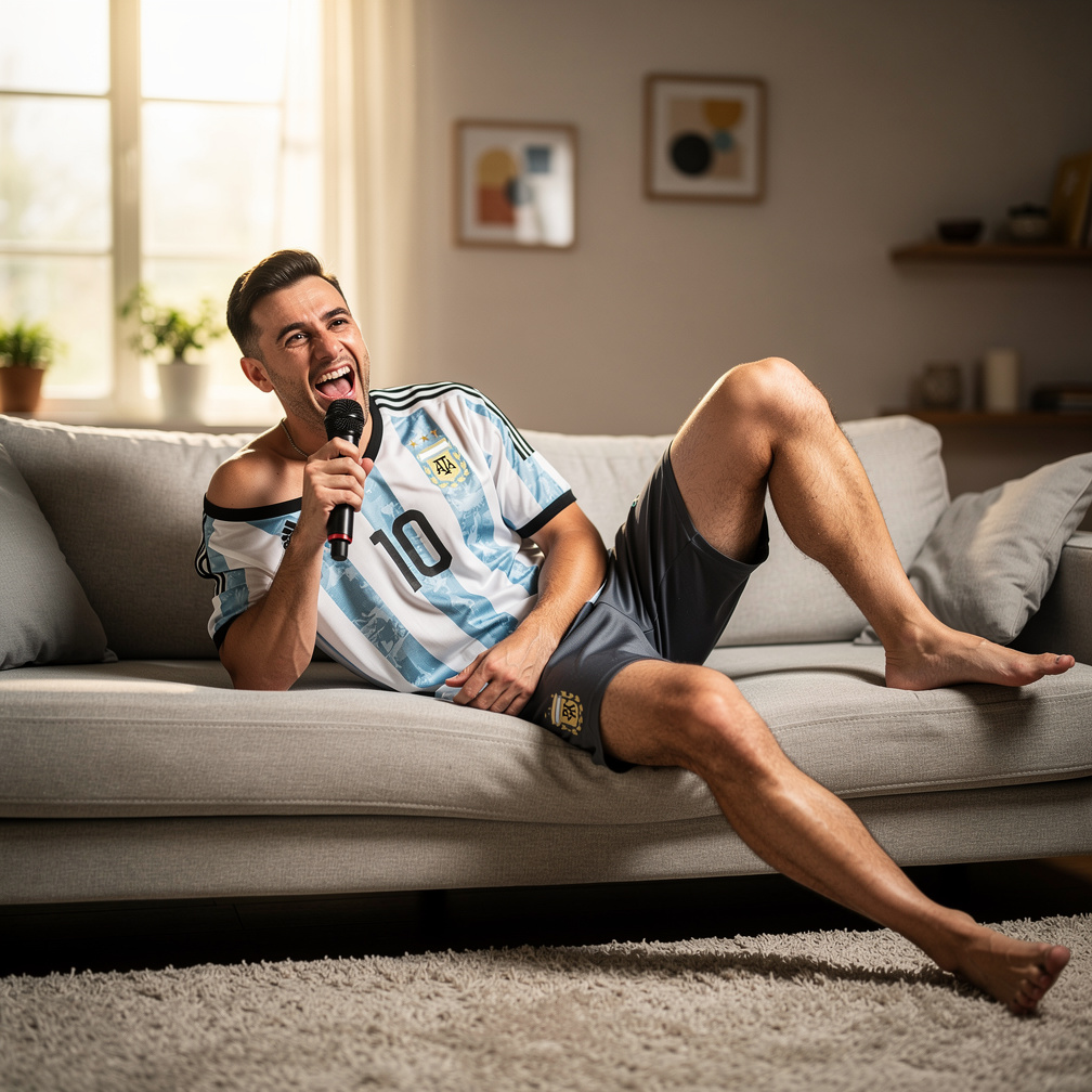 De repente suena una música tropical y Messi comienza a cantar con una voz rasposa pero divertida, su camiseta de Argentina s