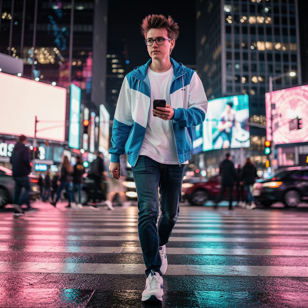 walks into a bustling city square, surrounded by towering skyscrapers and neon lights, his eyes fixed on something ahead.