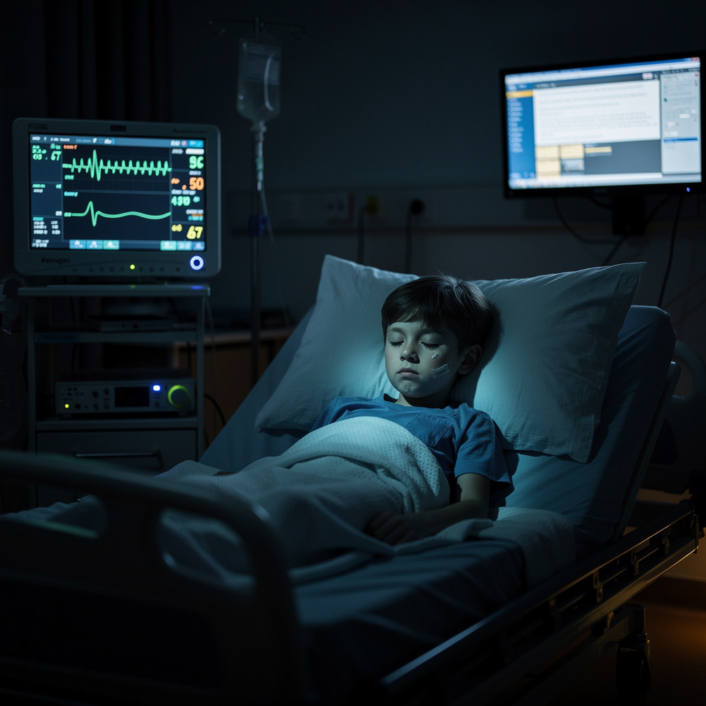 Kai's eyes flicker, his chest rises with a weak breath, as the monitor beeps slowly.