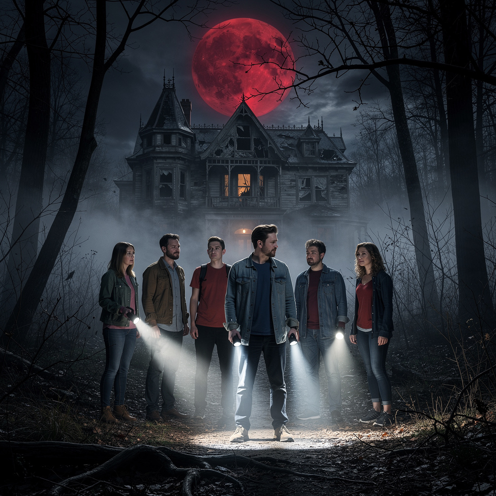 Jeff stops suddenly, eyeing the mansion ahead, as the group's flashlights cast eerie shadows on the trees.