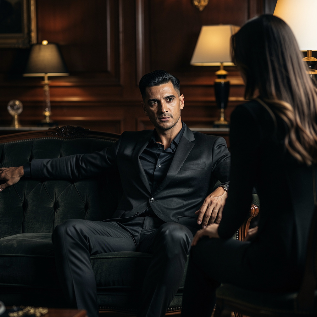 I'm Luca, the ruthless don, and my gaze falls on the heroine, Sophia, with an unsettling intensity.