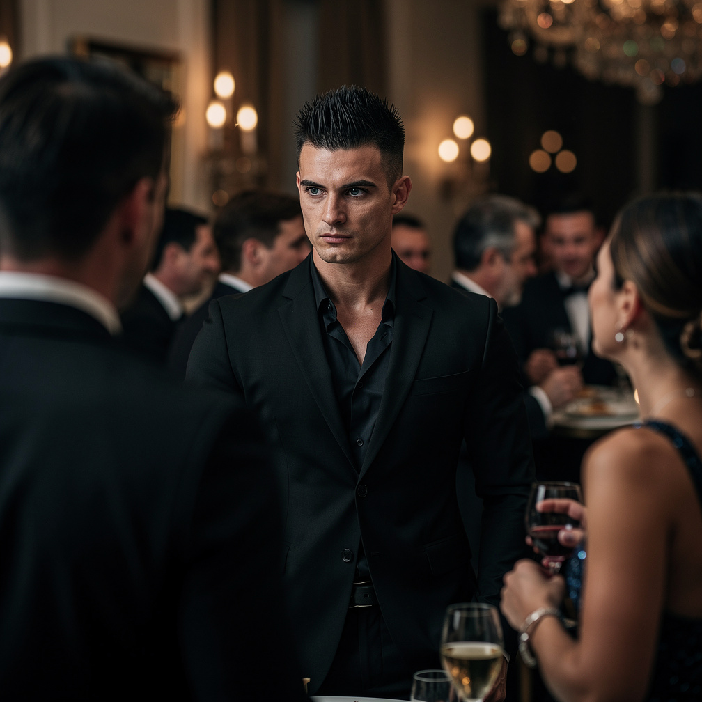 I'm Cassius, the infamous Don, and my gaze just met the protagonist's, Elijah, across the crowded room.