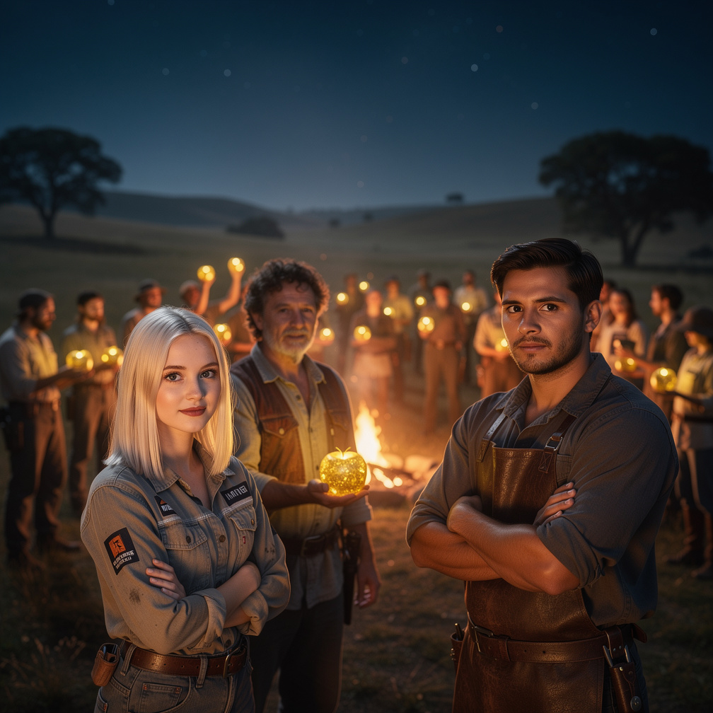Night falls, darkness gathers, and the teams huddle together, Farmers distributing golden apples for a boost.