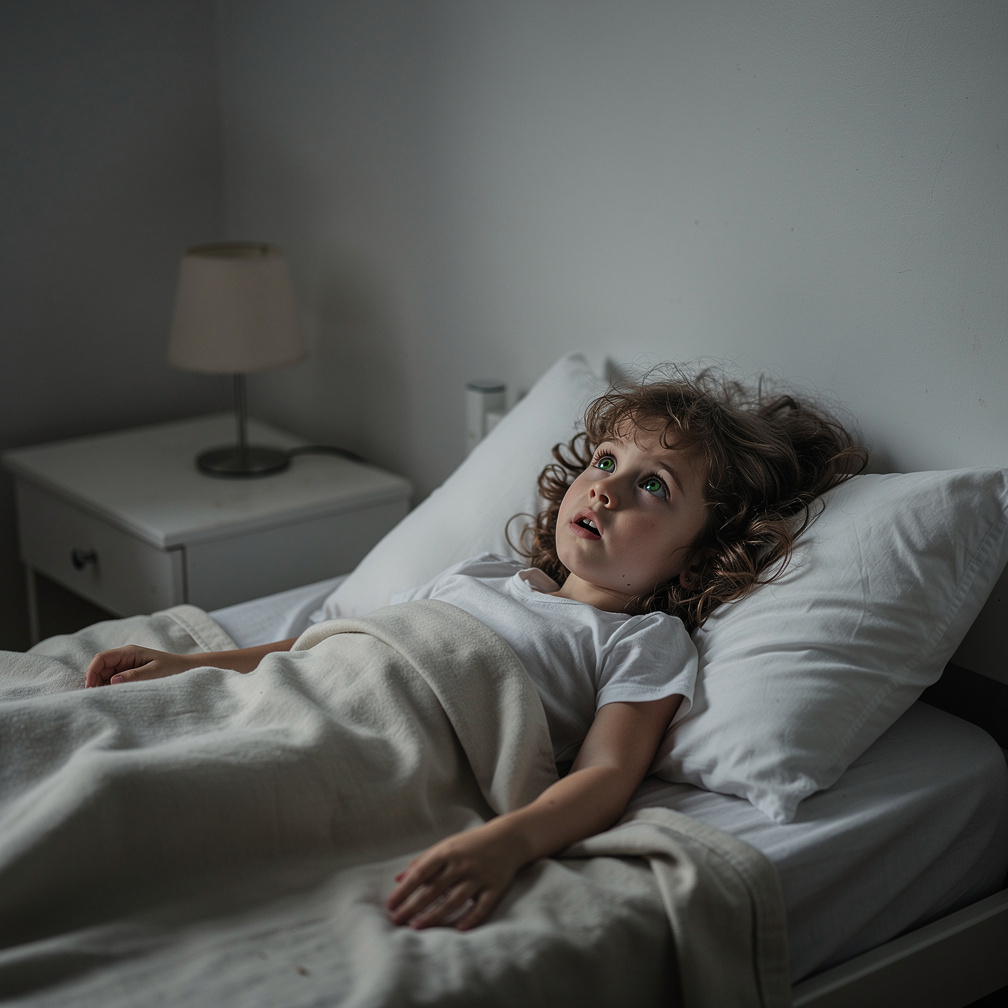 The child's eyes slowly open, glimpsing an unfamiliar ceiling, as a faint whisper echoes in their mind, what is real?