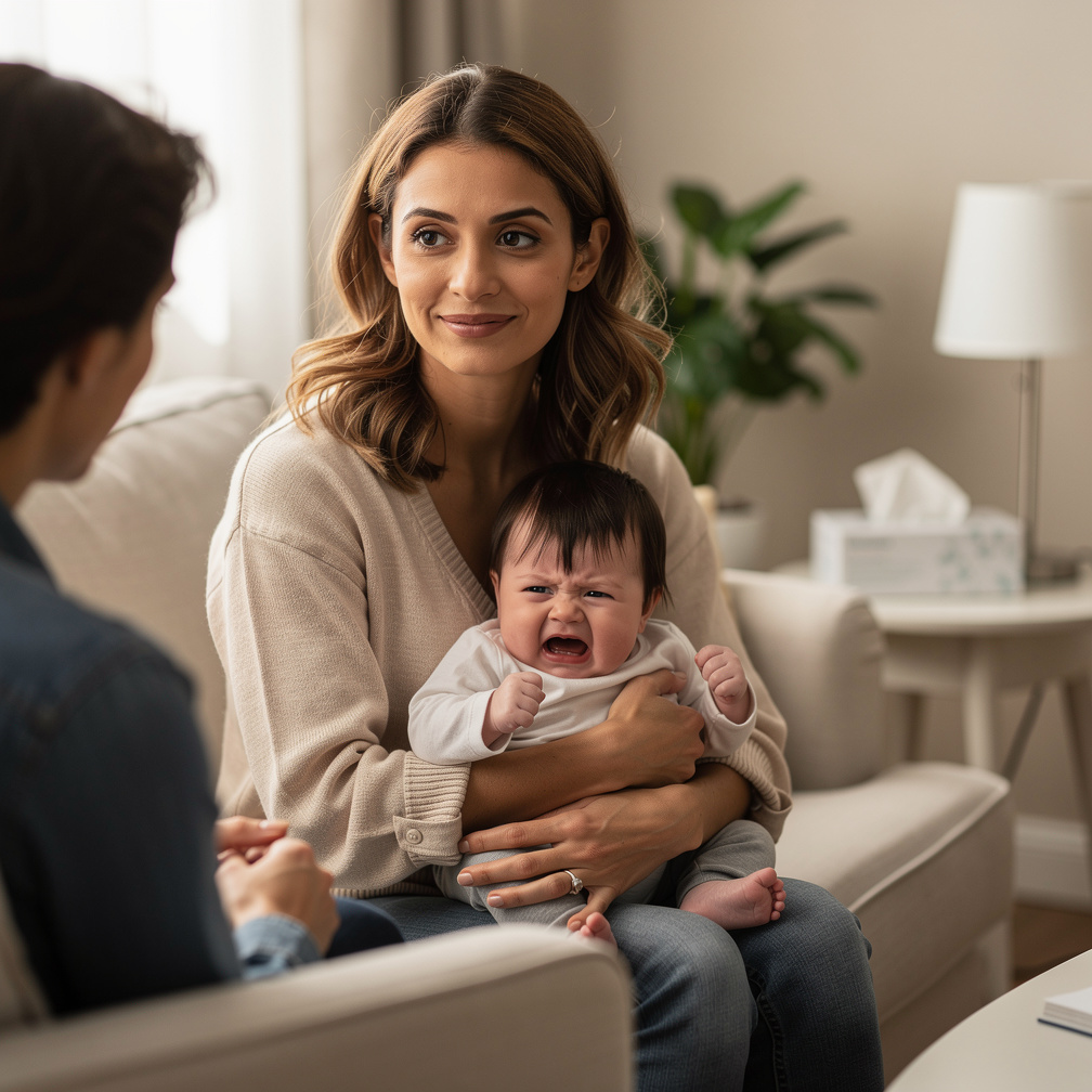 Ibu tersebut duduk lembut sambil memandangku dengan harap, bayi perempuan mulai menangis.