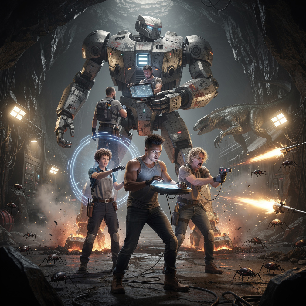 Alan activates defense mode, a shield surrounds them, but Spider accidentally fires missiles at the Beatles, hitting the robo