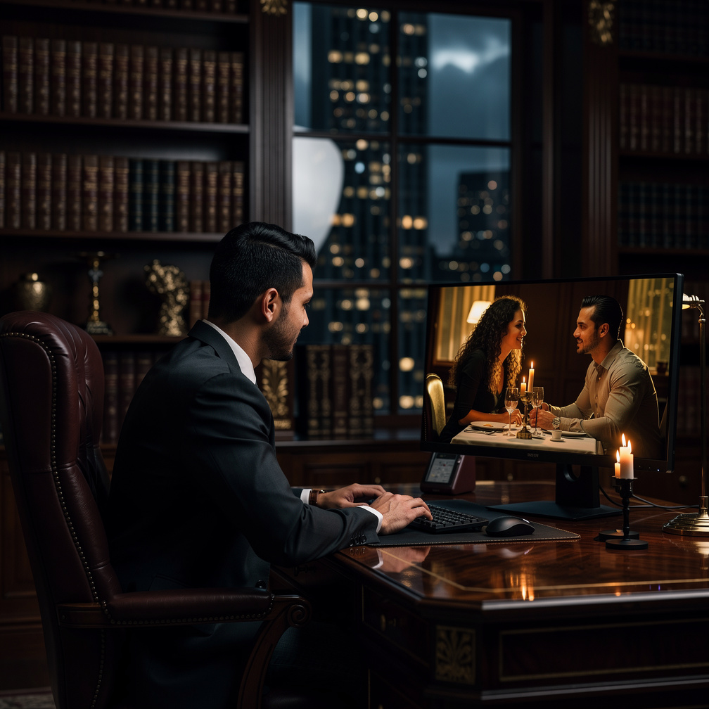 O vilão, um rico empresário, observa a cena com um olhar sombrio, escondendo um segredo.