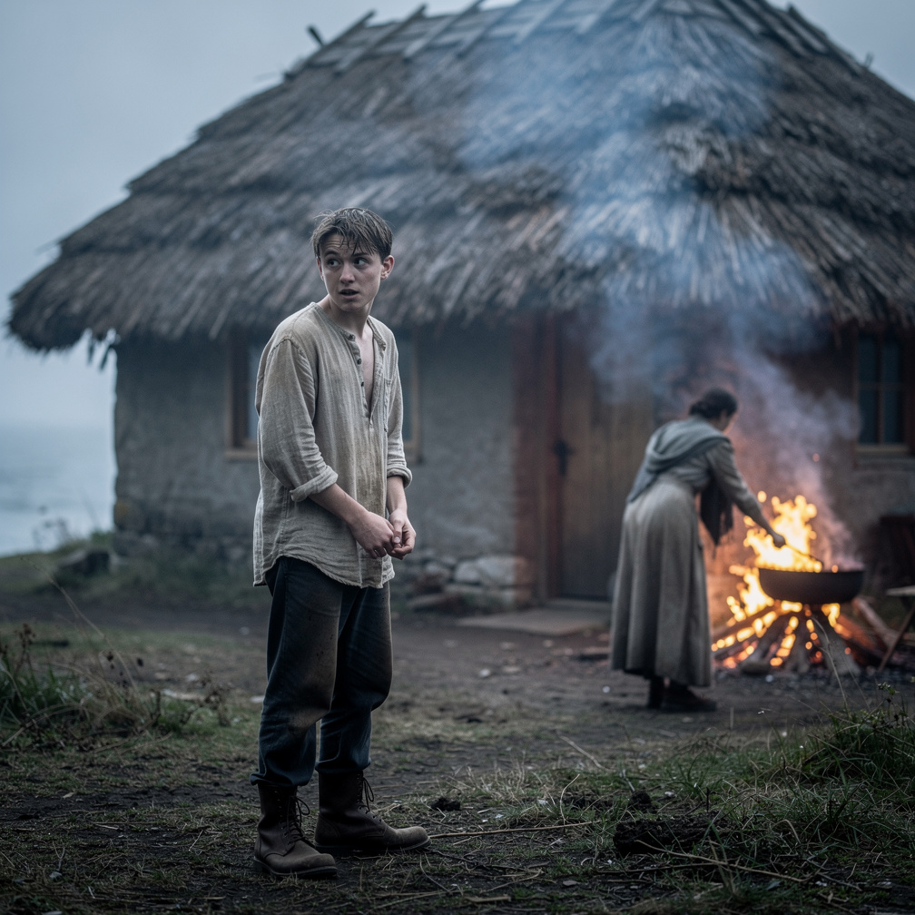I see a small cottage, a thatched roof, and a woman tending to a fire, her back to me.