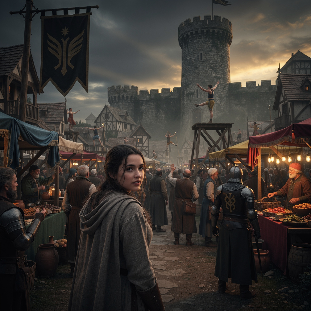 She blends in, watching acrobats and vendors, feeling free for the first time.