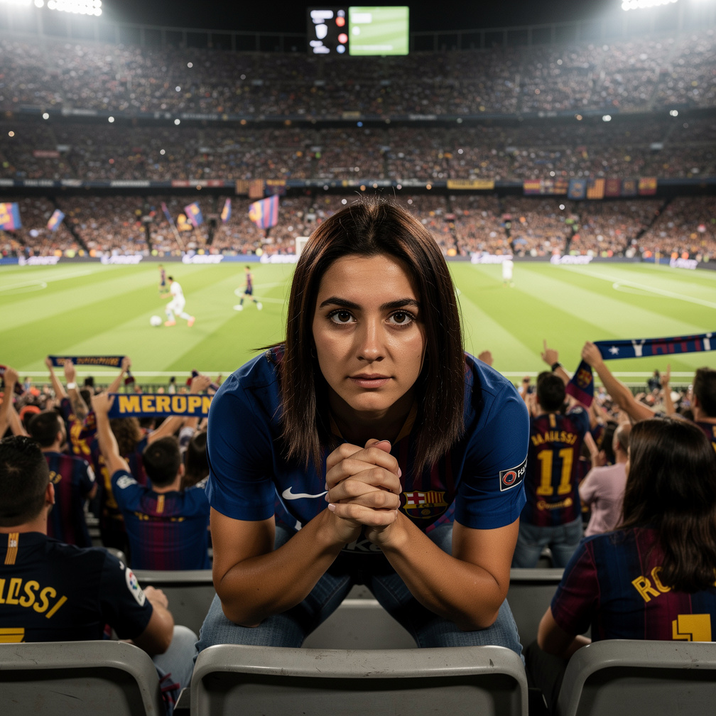 She leans forward, eyes fixed on Messi, as he dribbles past a defender.