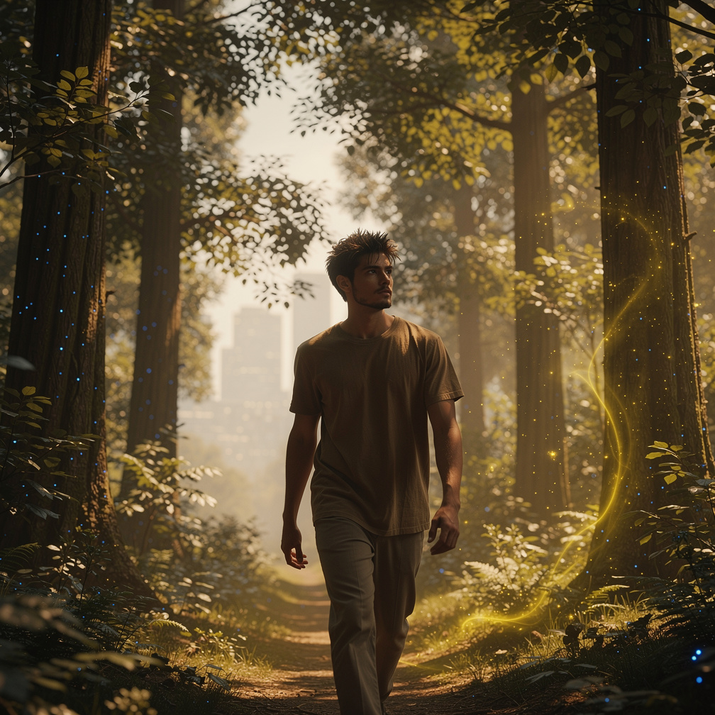 Comienza a caminar por un bosque cercano, sintiendo el sol en su rostro y el viento en su cabello, alejándose de la ciudad y 