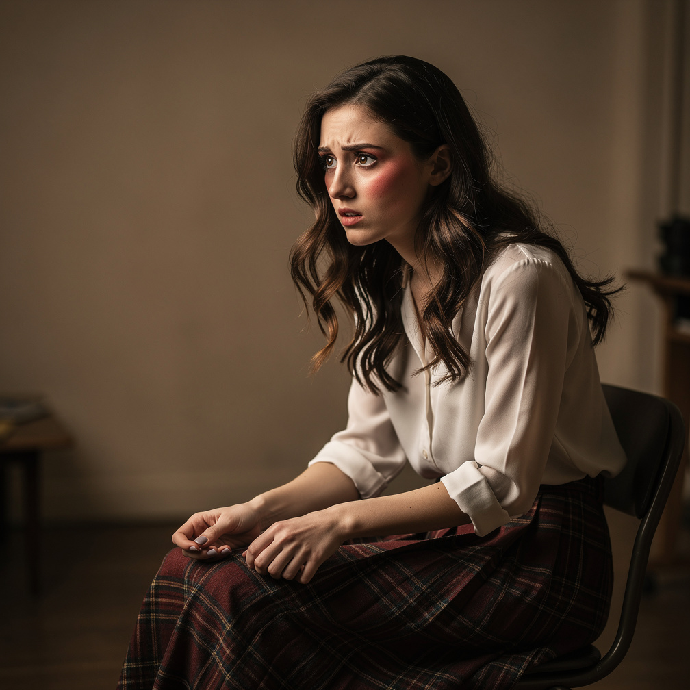 She fidgets with the hem of her plaid skirt, her eyes darting around the room as she awaits something, or someone.