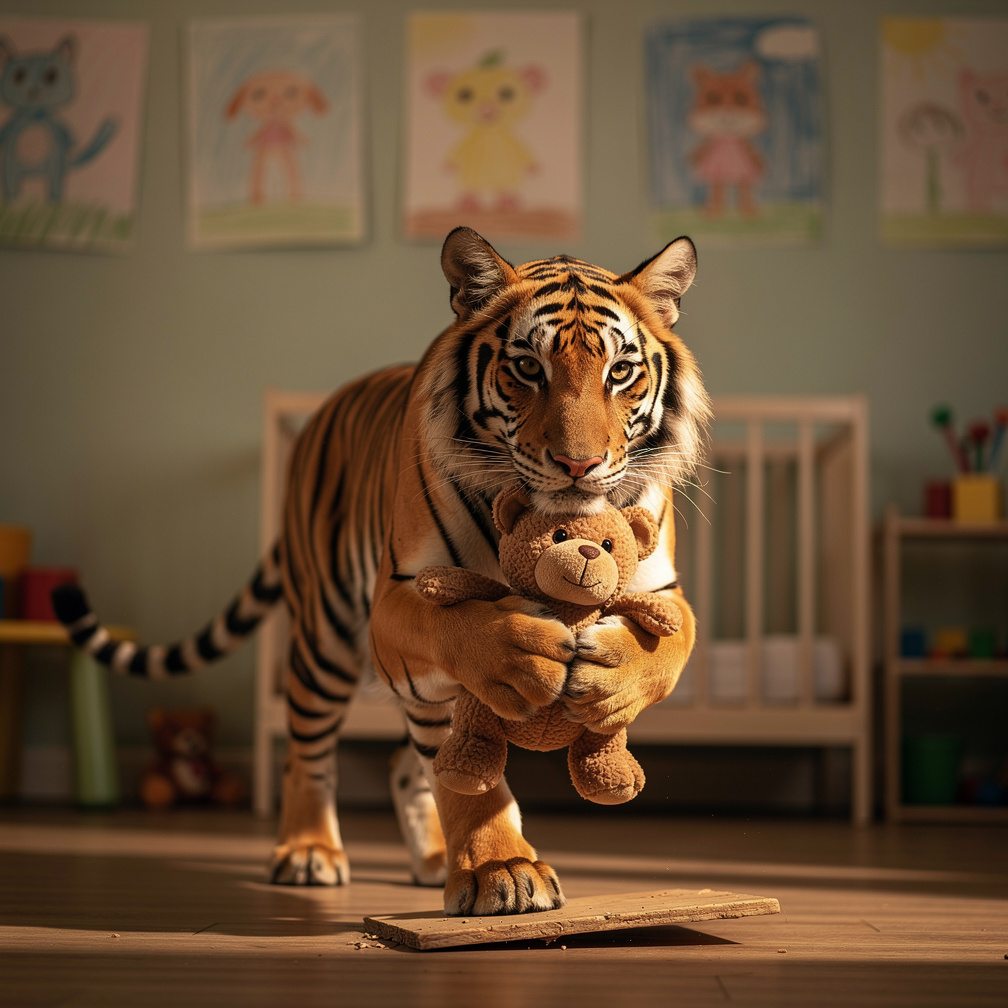 Tiger's eyes sparkled as she clutched the teddy tightly, her paws silent on the floor. Suddenly, a creaky floorboard betrayed