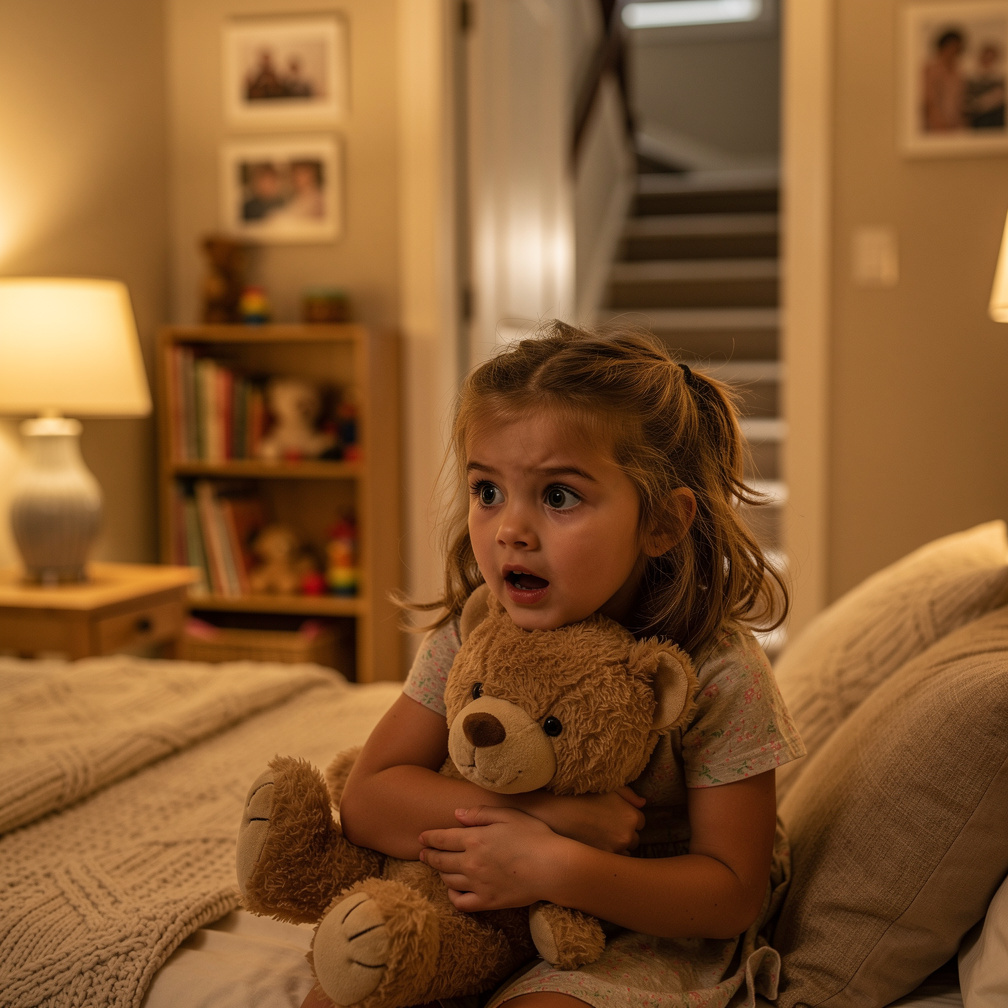 Tiger's eyes sparkled as she cuddled the teddy, but suddenly she heard footsteps coming upstairs.