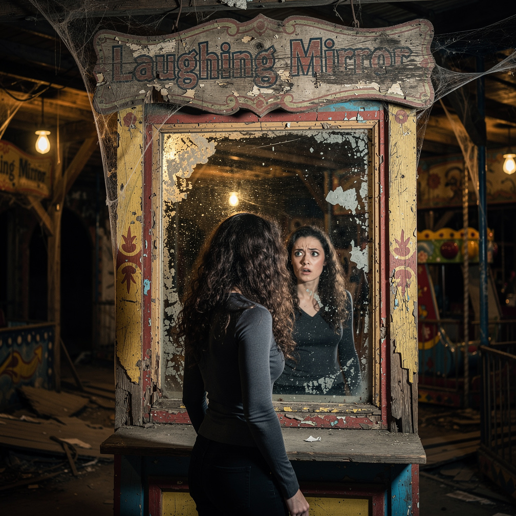 I rushed to the abandoned theme park, my heart racing as I approached the creepy funhouse, the mirror's distorted reflection 