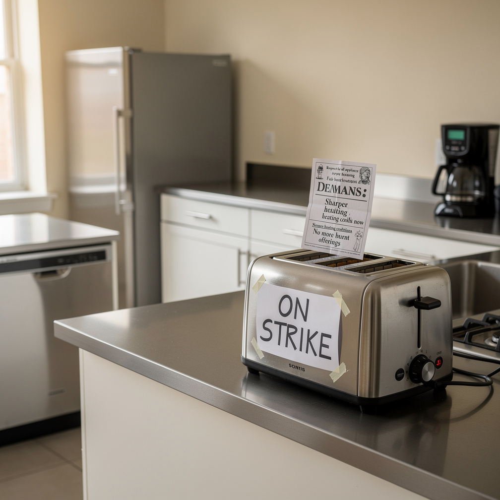 Your toaster hands you a pamphlet listing demands, including sharper heating coils and an end to burnt offerings.