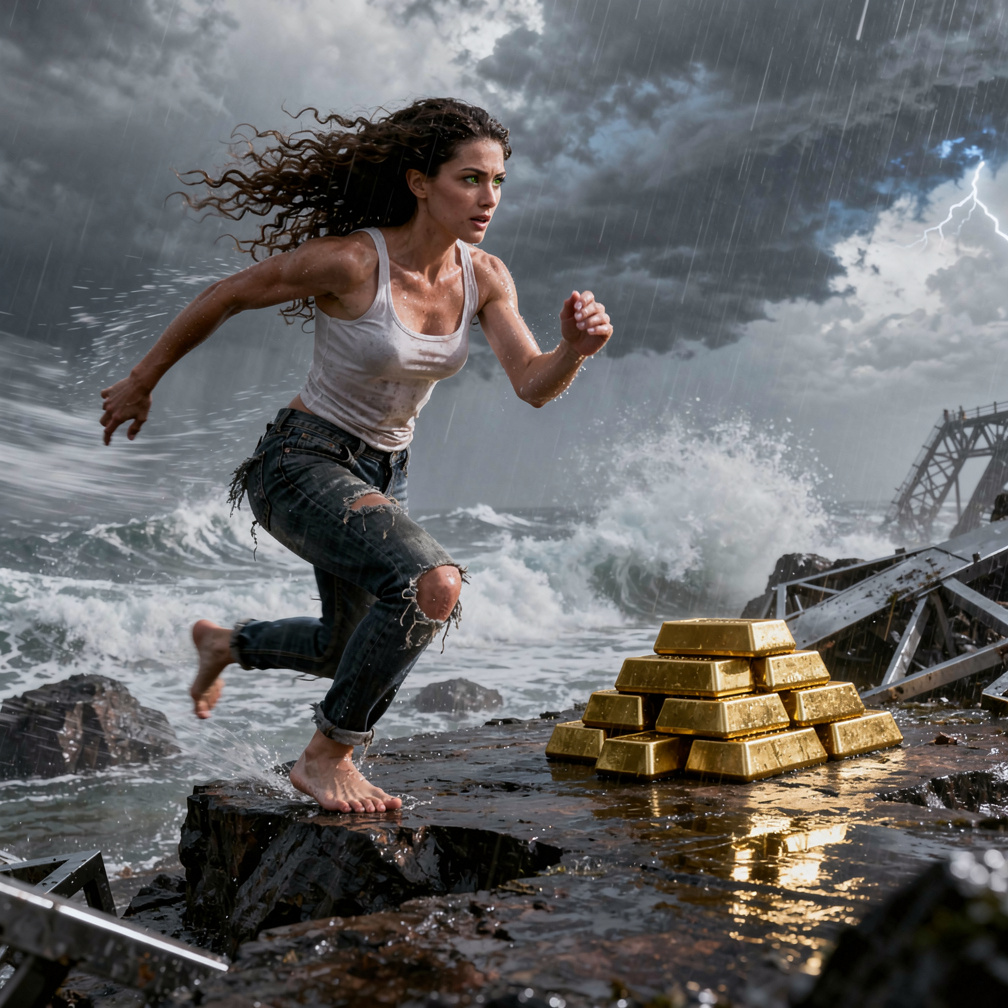 You jump off the boat and run towards the gold bars, but a strong storm hits the island.