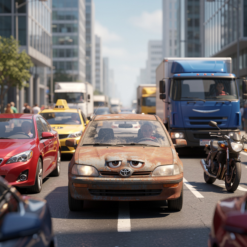 One car, a rusty old Toyota, complained about the traffic jam.
