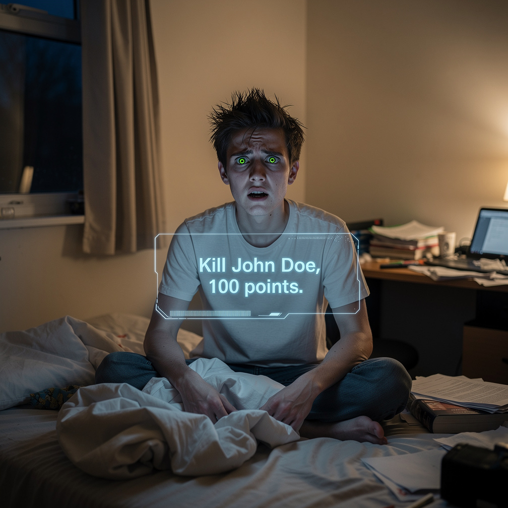 Confused and terrified, I stare at the menu, wondering who to kill and why I need points, as a name appears: John Doe, 100 po
