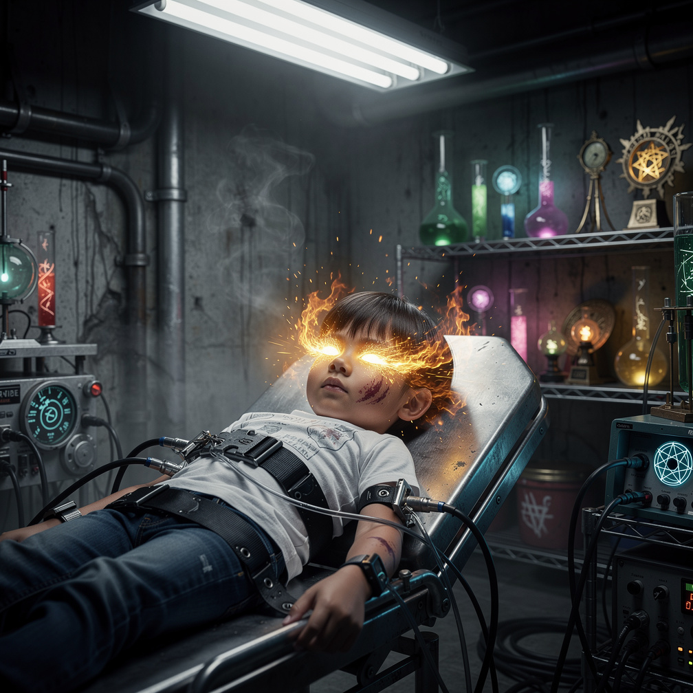 The boy's eyes glowed with a fierce dragon energy, a result of the experiments, as he lay in the dark laboratory.