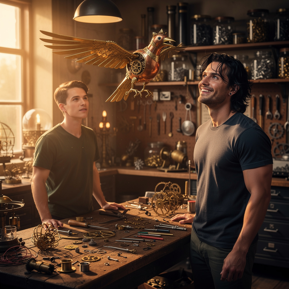 Liam's mechanical bird took flight, hovering above Damon's messy black hair as he smiled.