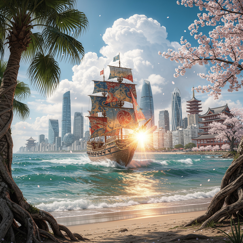 En la costa de Buenos Aires, un barco japonés de anime aparece entre las olas.