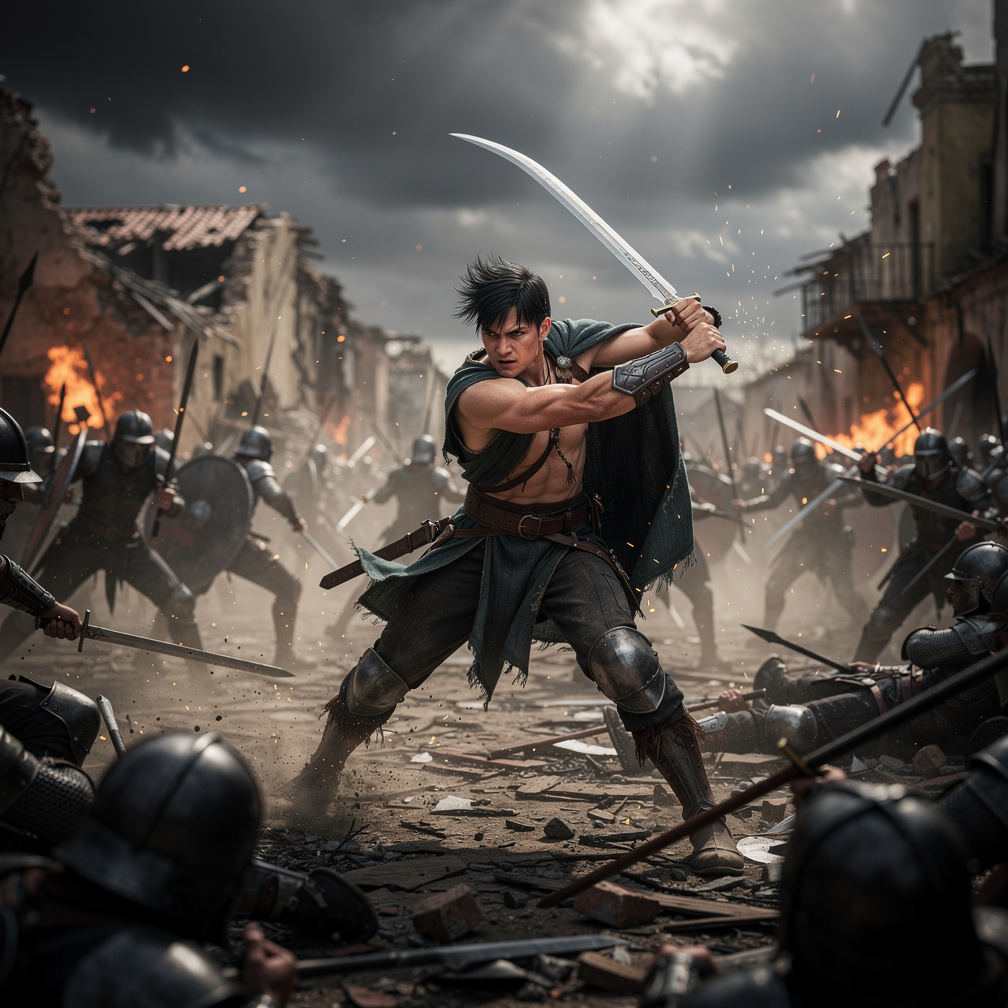 Kael swung his blade, clashing with enemy steel, as the battlefield erupted in chaos around him.