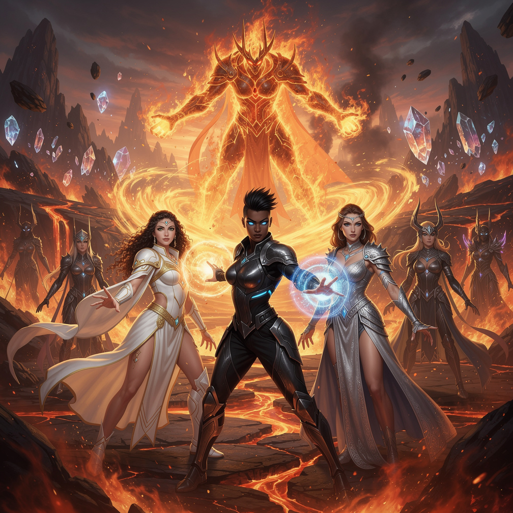 The eight goddess queens united to counter the evil gods, led by Mikha's fierce flames.
