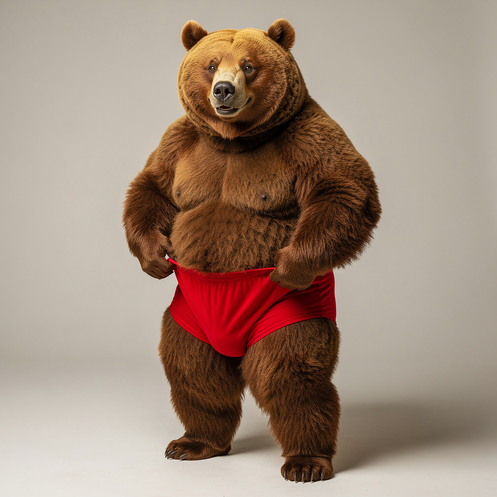 The bear adjusted its bright red underwear.