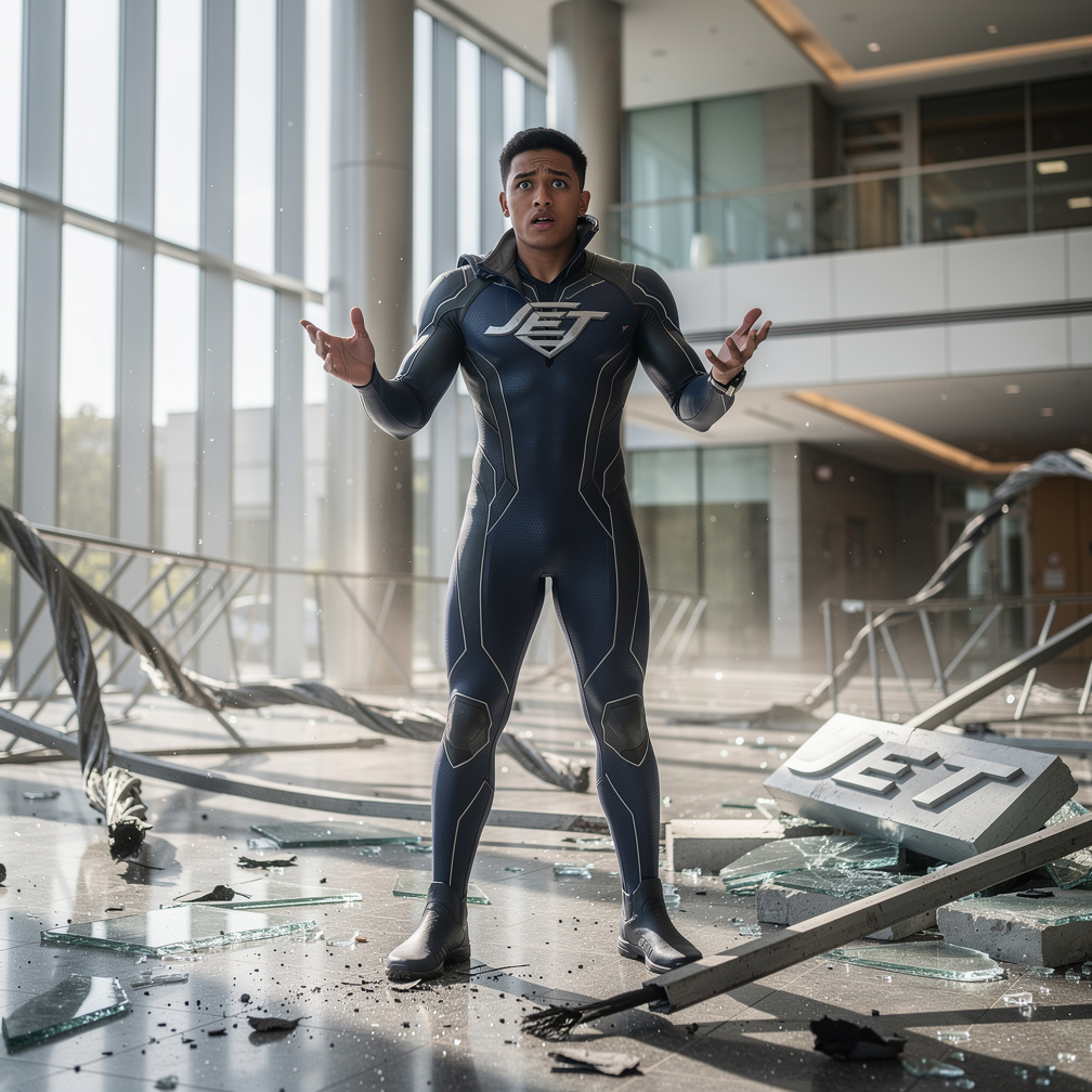 Allen's first day at superhero school began with a crash, literally, as he accidentally flew into the entrance sign.