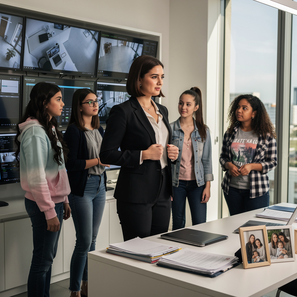 Sara se prepara para una reunión con un posible cliente mientras sus hijastras, Ana, Luisa, Sofía y Valeria, la observan con