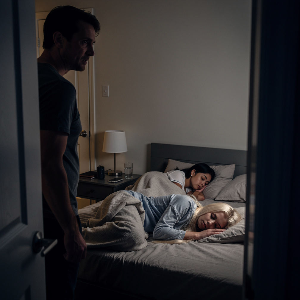 I sneak into their room, my presence silent, as I approach the two sleeping girls.