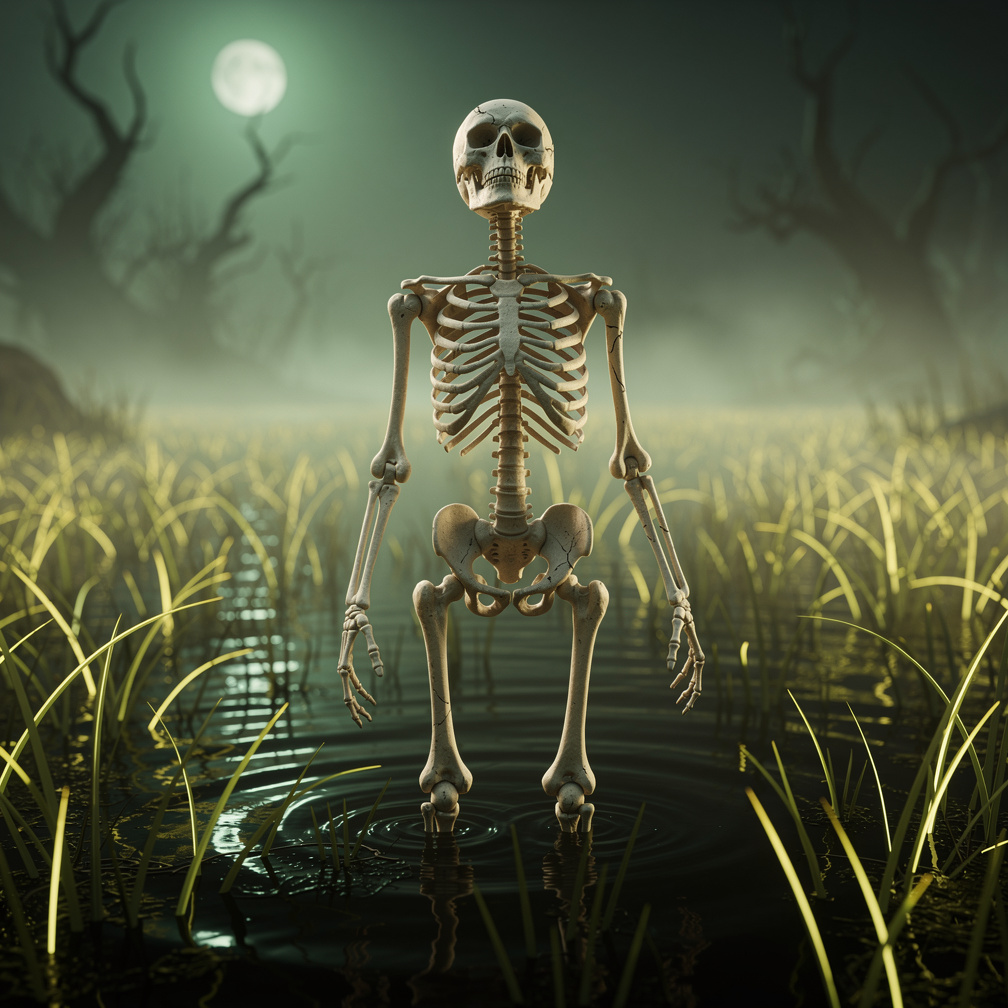 Skeleton's empty eye sockets gaze upward, as a faint hum echoes through the swamp, and the green moonlight flickers.