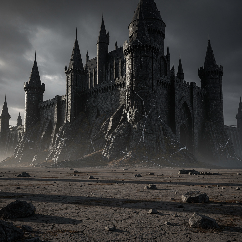 Looming over the landscape, its towers pierced the dark sky.