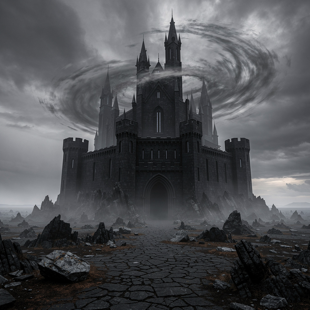 Looming over a desolate landscape, its towers pierced the dark sky.