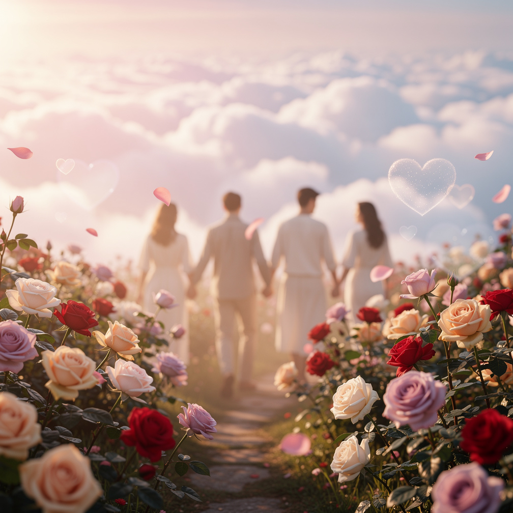 Couples strolled hand in hand, as roses bloomed everywhere.