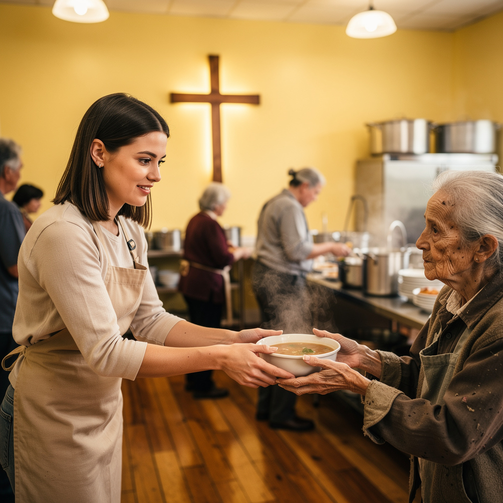 Volunteers at the kitchen served warm meals with gentle smiles, echoing God's compassion, as a frail woman approached the cou