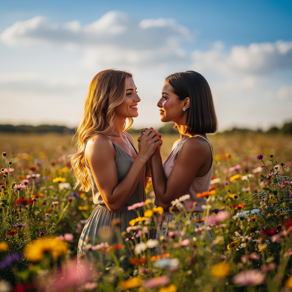 Lily smiled warmly as Magnolia blushed, their hands touching, sparking a newfound intimacy.