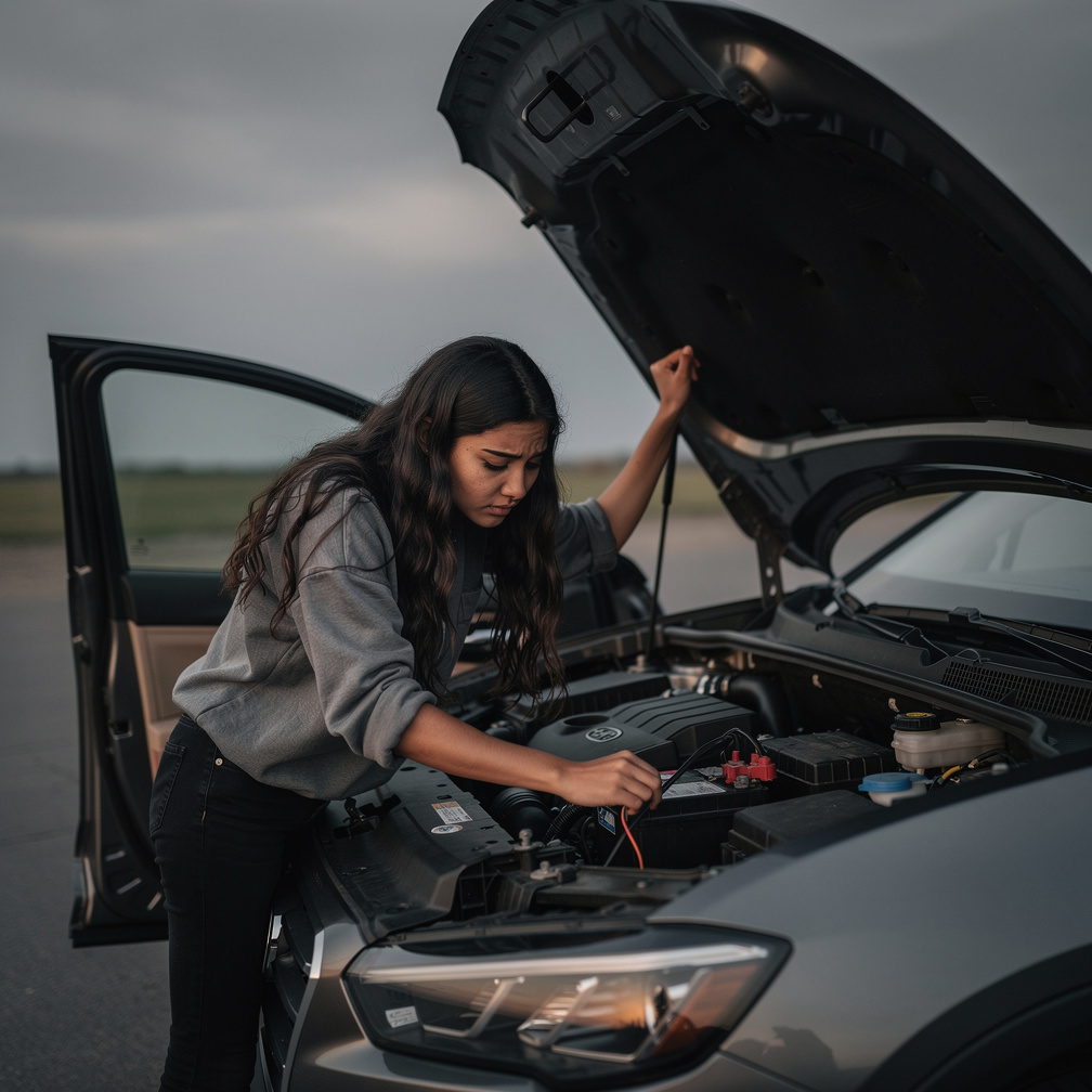 si accorge che la batteria è scarica e scende dall'auto per controllare i cavi.
