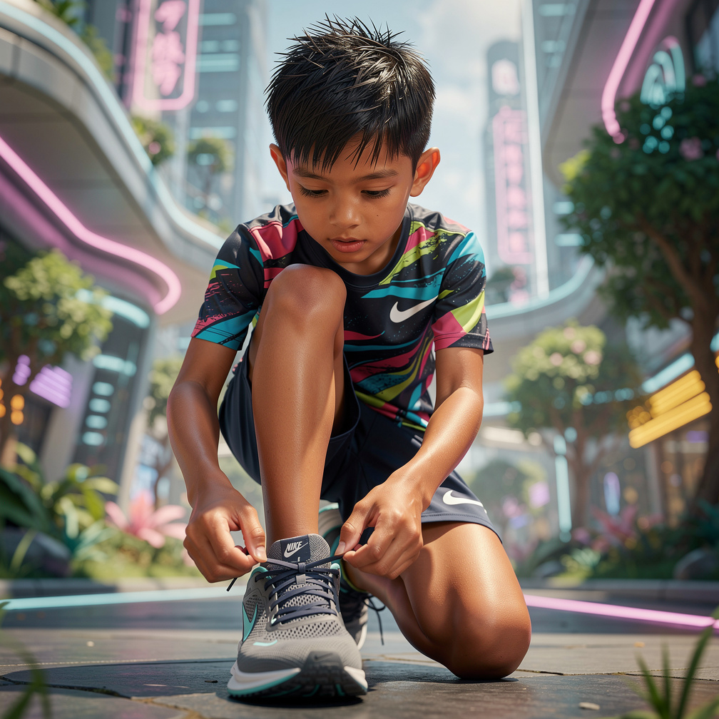 He ties his shoes, preparing for a run.