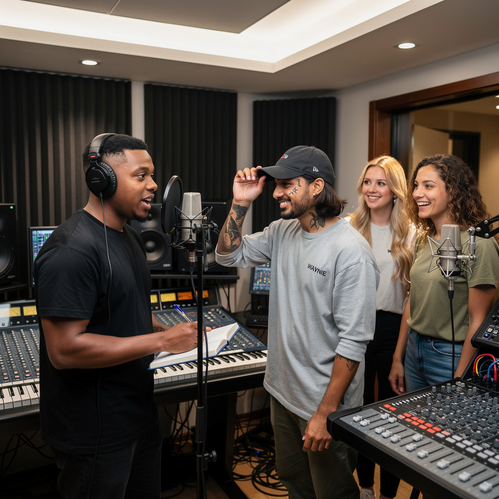 Dee Waynie nods, adjusting his flat cap, as the girls, Mia and Sofia, exchange excited glances, ready to lay down vocals.