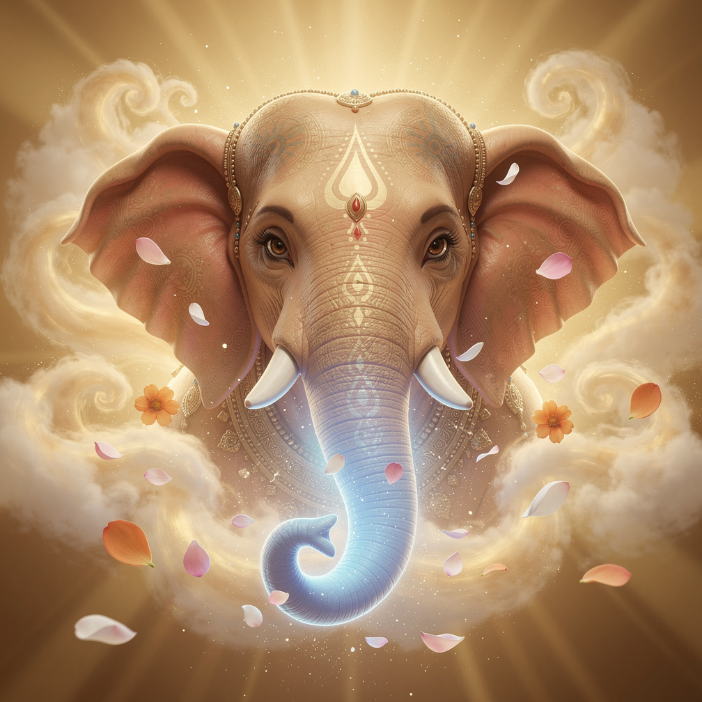 Ganesha's trunk grows, glowing with a soft blue light as he takes his first breath.