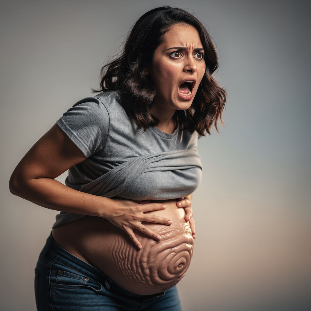 She stumbles, overwhelmed by the sudden weight, and cries out for her husband, John, as the alien baby kicks violently inside