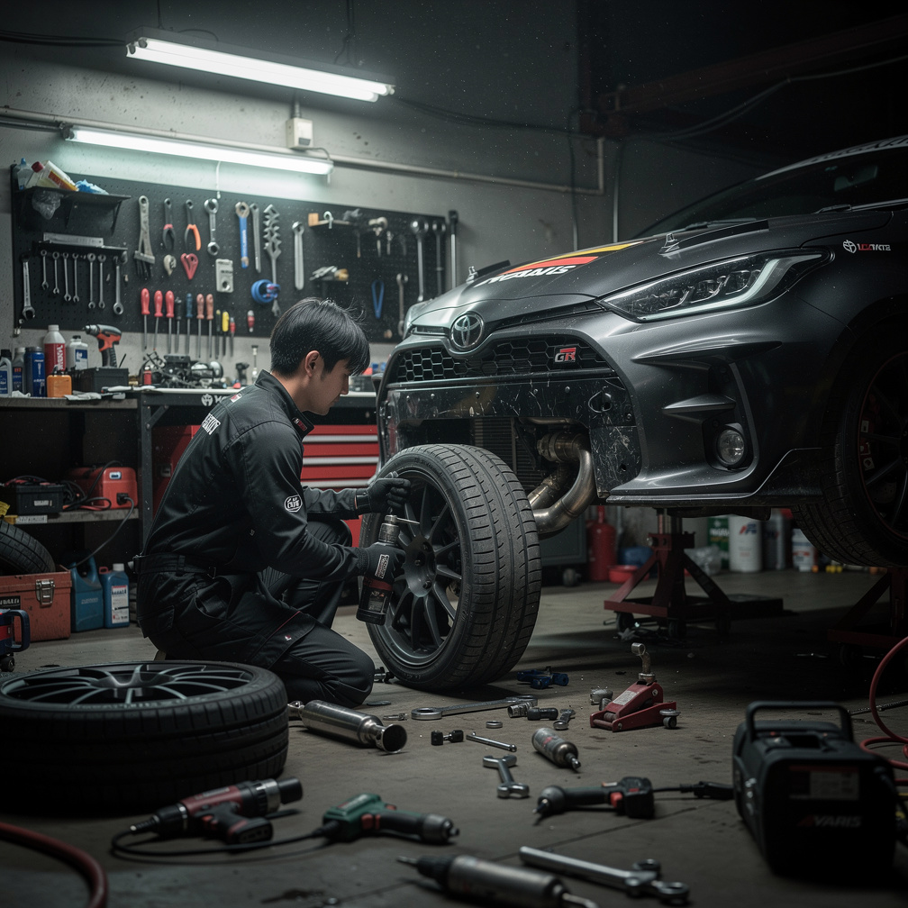 Hikigaya Tatsumi mempersiapkan Toyota Yaris GR-nya untuk balapan malam di Gunma, dengan ban baru dan sistem knalpot yang dipe
