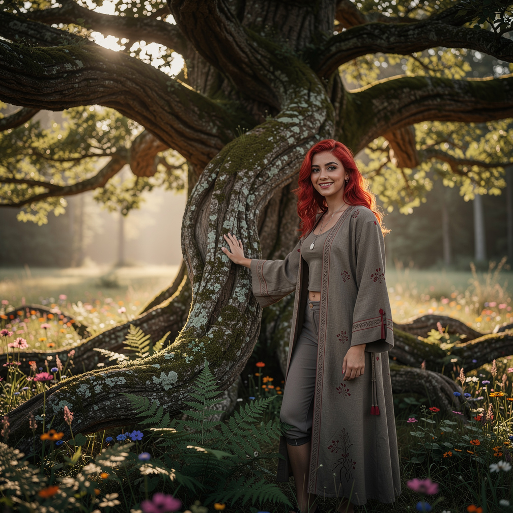 Se acerca a un árbol anciano, su sonrisa se vuelve enigmática, y sus ojos grises brillan con curiosidad.