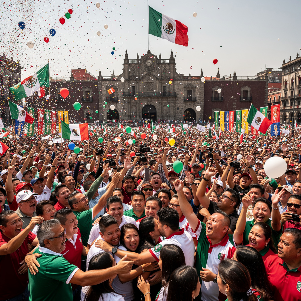 La multitud en el Zócalo de la Ciudad de México estalla en júbilo mientras suena el himno nacional.