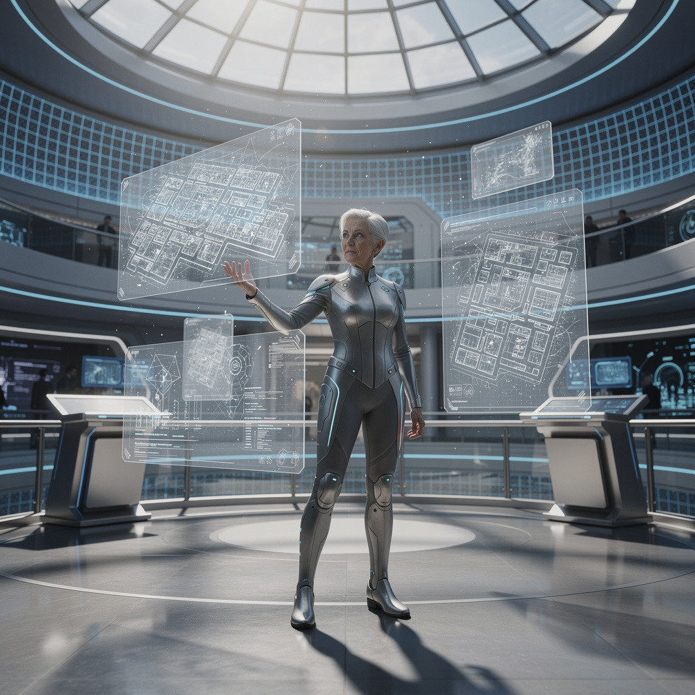 Kimberly entered city hall, where holographic screens displayed futuristic plans.