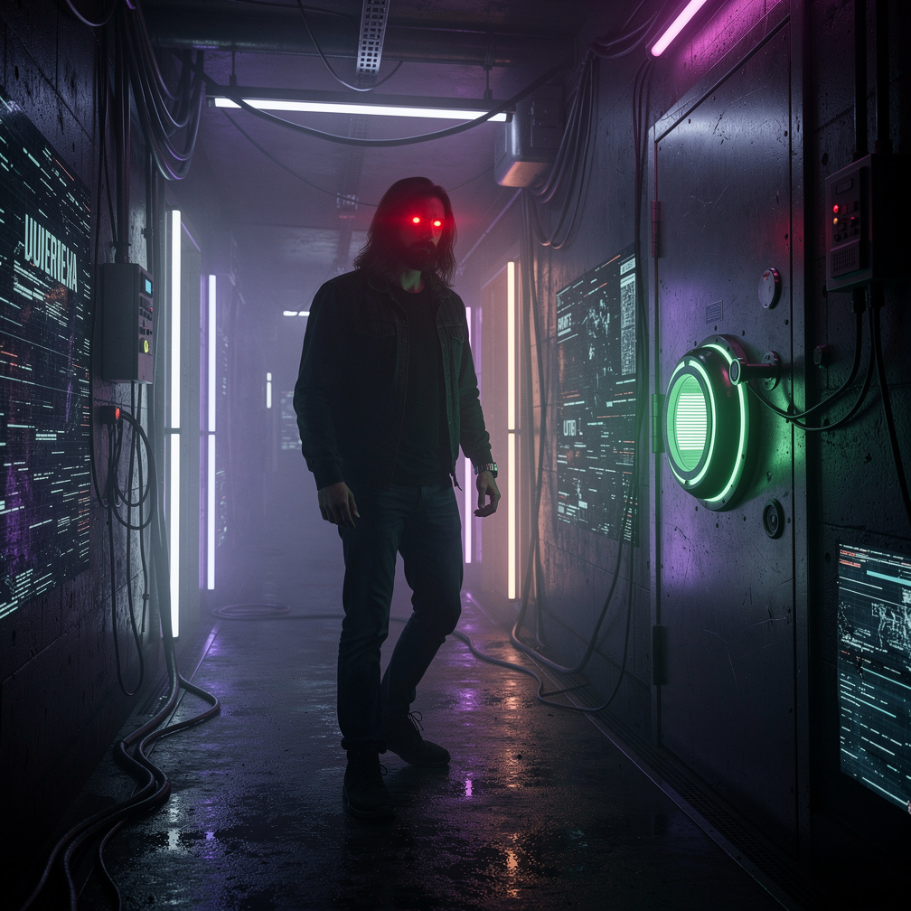 Lucern_J's eyes glow bright red as he approaches a door with a pulsing green lock, voice low and menacing, I'm just getting s